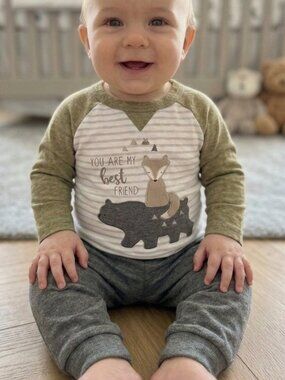 NWT 🦊🐻 René Rofé Baby 2-pc Outfit Long Sleeve Shirt & Pants, Fox & Bear, 6-9 M